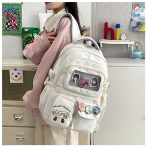 Japanese cute white canvas backpack large capacity school bag with transparent window pins.