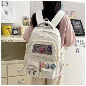 Japanese style cute white student backpack with transparent pocket for daily use.