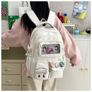 Cute Japanese style white backpack with transparent mesh pocket, large capacity school bag.