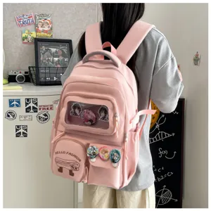 Pink cute student backpack large capacity casual school bag with clear window and badge