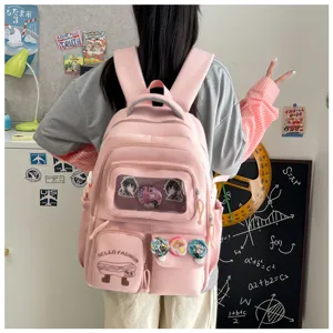 Japanese cute pink backpack large capacity school bag with transparent window and badges