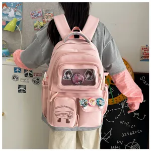 Japanese cute pink student backpack large capacity casual daypack with cute anime badges