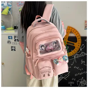 Cute Japanese style pink canvas backpack with transparent window, large capacity student school bag.