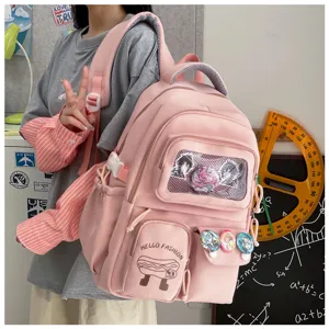 Pink Japanese style student backpack, large capacity sweet design for school use.