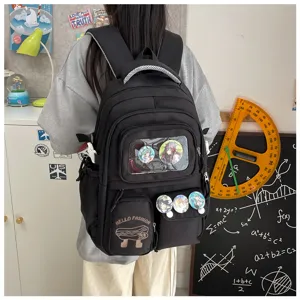 Black student backpack large capacity casual daypack with transparent window and cool pins.