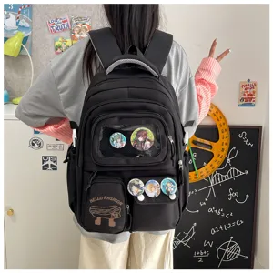 Japanese style black student backpack large capacity canvas school bag with transparent window