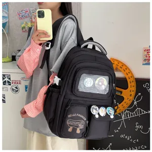Black student backpack large capacity casual aesthetic bookbag with transparent pocket