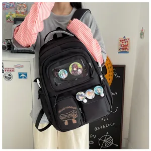 Japanese style casual black backpack with clear window and cute badges for students and teens