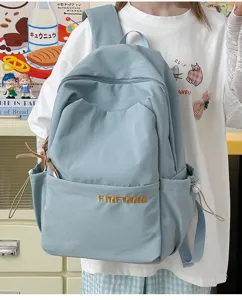 Casual light blue student backpack, large capacity simple daily campus travel book bag