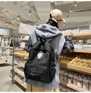Casual black canvas backpack for women school bag with cute bear patch everyday use