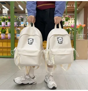 Detailed view of the cute bear patch backpack, showcasing casual style and front pocket design.