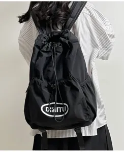 Black drawstring backpack gorpcore outdoor sports lightweight nylon casual daypack bag