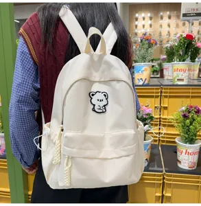 Casual canvas backpack for teenage girls cute bear patch school bookbag minimalist daily bag