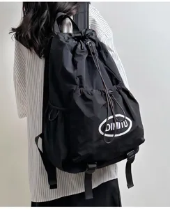 Lightweight black drawstring backpack for outdoor sports, hiking, and travel. Casual daily bag.