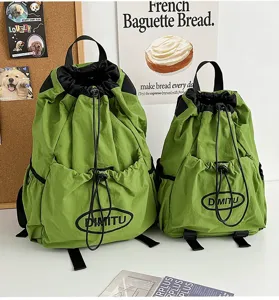 Green drawstring backpack set, lightweight nylon daypack for outdoor sports, hiking and travel.