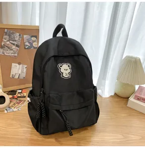 Black canvas backpack for teenage girls cute bear patch school bag casual fashion daypack