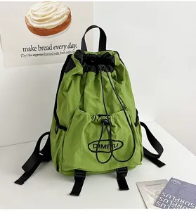 Green drawstring backpack lightweight nylon outdoor travel daypack casual sport school bag