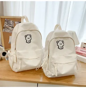White casual canvas backpack for women minimalist style cute bear patch school bag