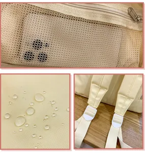 Details of the beige backpack featuring mesh pocket storage, waterproof fabric, and sturdy straps.