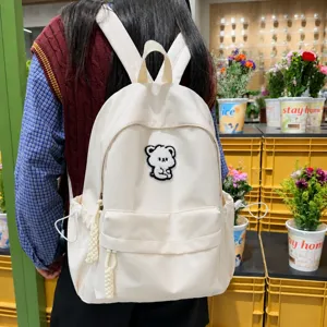 Student School Backpack Casual Waterproof Nylon Bookbag Cute Bear Patch Travel Daypack For Women Teen Girls