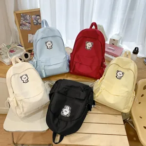Casual multi-color school backpack for women cute bear patch large capacity student bookbag