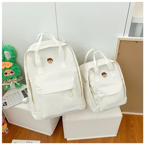 White canvas school backpack set cute bear embroidery casual daypack for students
