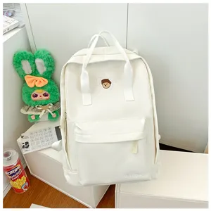 Casual white school backpack for women, Korean style chic student bookbag with cute embroidery.