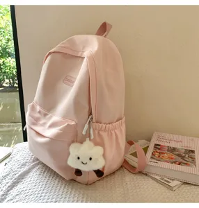 Cute pink canvas backpack for high school girls casual daily student school bag aesthetic
