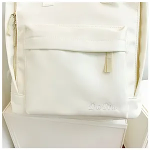 Canvas backpack detail featuring front pocket and embroidery design for daily campus use.