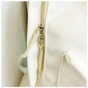 Close-up detail of canvas backpack zipper and textured fabric, showing fine craftsmanship.