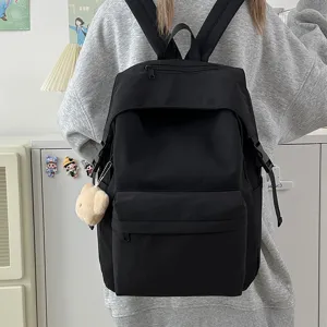 Women Nylon Casual Backpack Waterproof School Bookbag Japanese Style Travel Daypack With Cute Bear Pendant