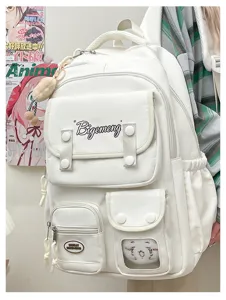 Japanese style white college backpack with multi-pockets and cute pendant detail view