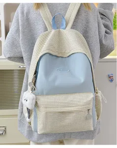 Japanese style plaid canvas backpack large capacity school bag for teen girls daily travel