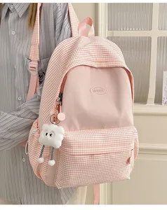 Ins style Japanese pink plaid backpack, large capacity cute school bag for students and travel.