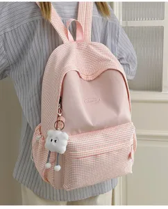 Pink Plaid School Backpack Ins Style Casual Daypack Large Capacity Travel Bag for Students