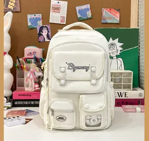 Japanese ins style casual white school backpack for women, large capacity student bookbag.