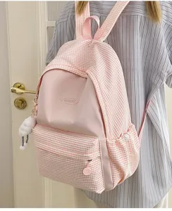 Japanese style pink plaid backpack for teen girls cute school bag large capacity travel daypack