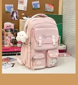 Pink cute school backpack for students, large capacity college style casual daypack.