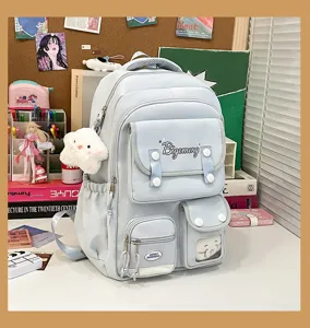 Close-up of the light blue student backpack showcasing multi-pockets and transparent window.