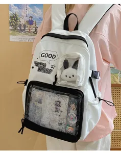 Detalle de mochila ita blanca con ventana transparente, bolsillo de peluche y pines anime.