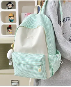 Japanese style green and white plaid backpack large capacity student school bag for daily use