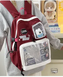 Mochila ita burdeos con ventana transparente para pines, bolsa escolar informal para estudiantes.