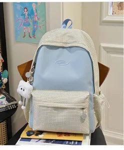 Japanese ins style plaid backpack for school girls, large capacity travel bookbag, blue.