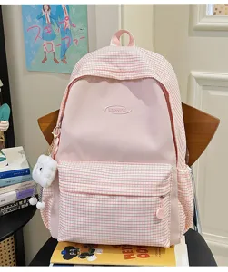 Japanese ins style pink white plaid backpack, large capacity student school bag, cute casual travel bag for girls.