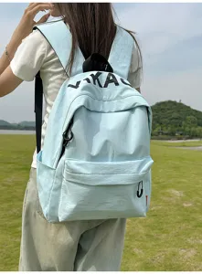 Casual light blue canvas backpack for students, stylish Korean aesthetic daily school bookbag.