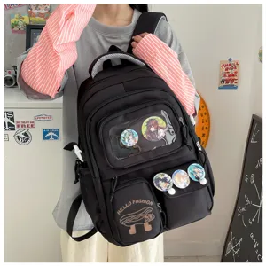 Japanese style cute canvas school backpack featuring transparent window and anime badges for students.