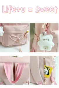 Pink school backpack casual daypack minimalist aesthetic cute bag with bear pendant detail