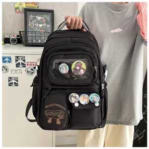 Black canvas ita backpack with transparent window, anime character badges and cute printed.