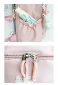 Close-up detail shot of casual school backpack side pocket and smooth zipper, charm design.