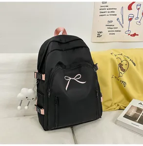 Japanese style cute bow backpack for school girls, large capacity travel daypack black.